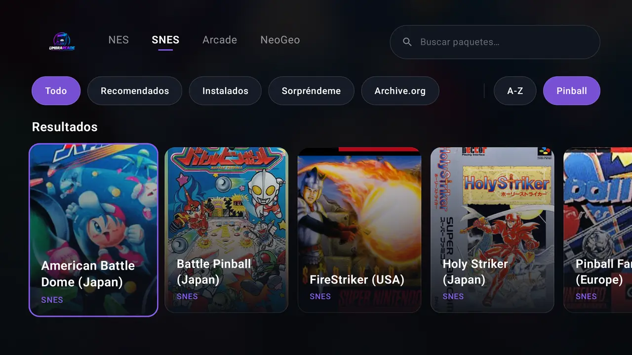 Catálogo online de UmbrArcade en una pantalla de TV, con filas de carátulas por género